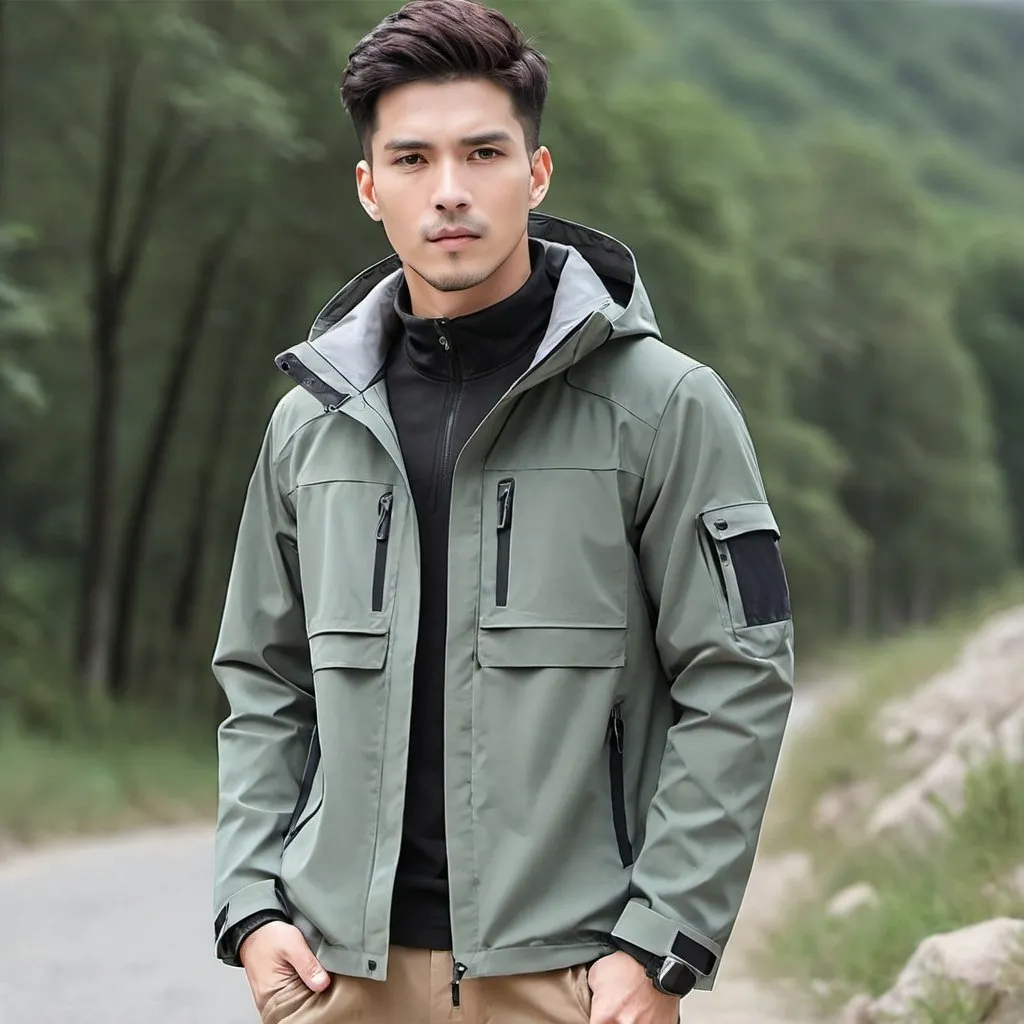 Prompt: Veste coupe-vent de sport en plein air pour homme, loisirs conforme, couleur unie avec plusieurs poches pour printemps voyages et montagne