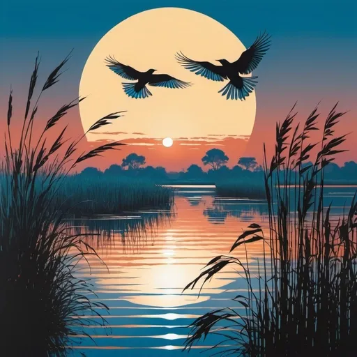 Prompt: two birds flying over a body of water at sunset with a full moon in the background and reeds in the foreground, Arie Smit, ecological art, book cover, a silk screen