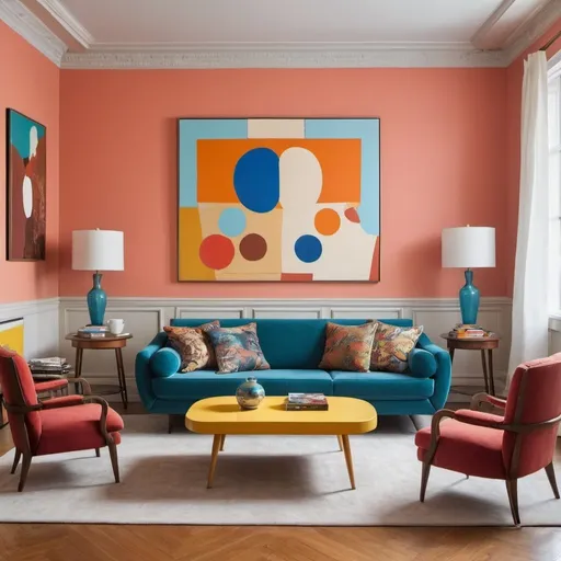 Prompt: a living room with a couch, chairs, and a coffee table in it with a painting on the wall, Chris LaBrooy, maximalism, colorful accents, a photorealistic painting,