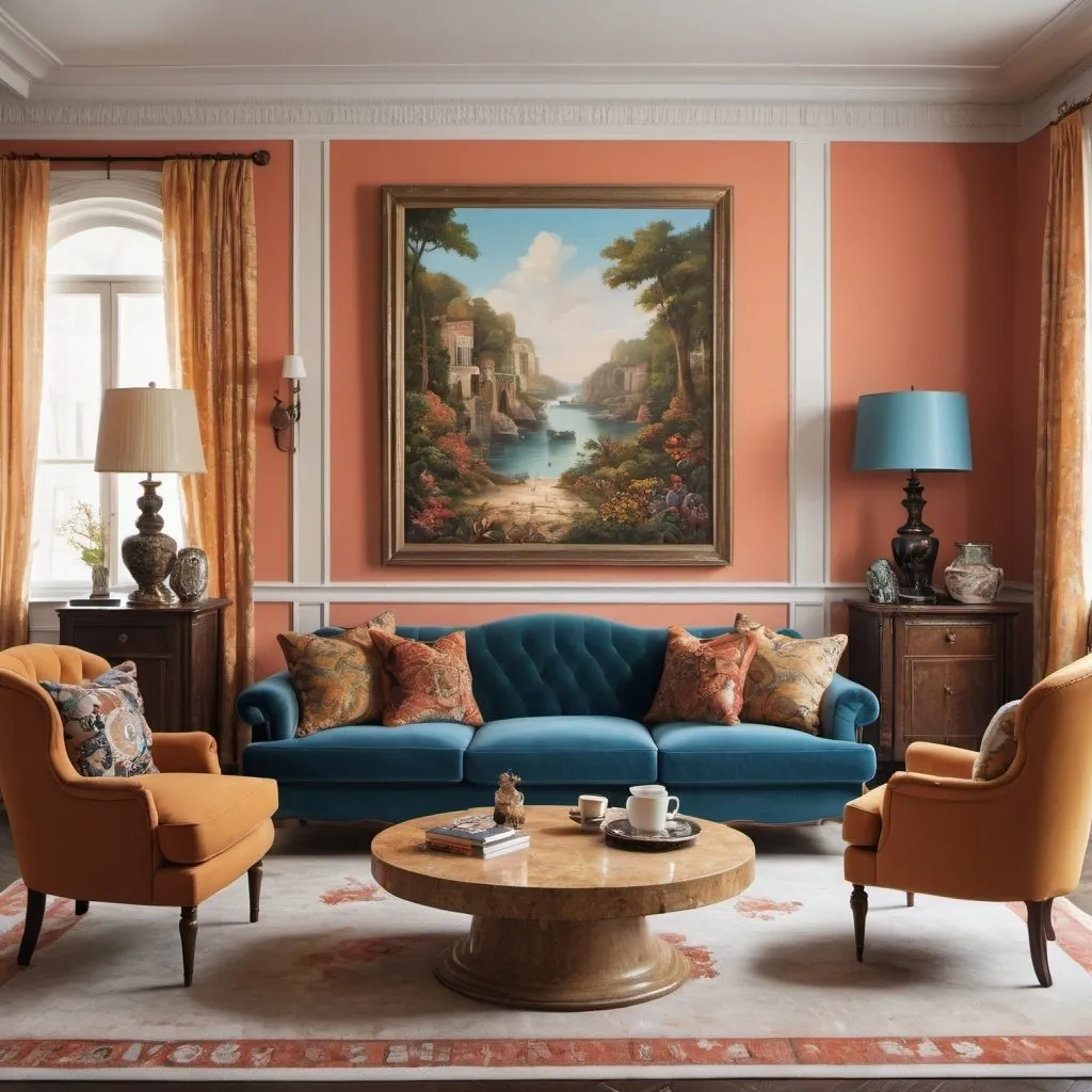 Prompt: a living room with a couch, chairs, and a coffee table in it with a painting on the wall, Chris LaBrooy, maximalism, luxury color, a photorealistic painting, traditional style