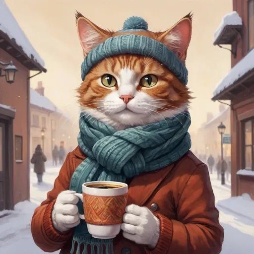 Prompt: a cat wearing a hat and scarf holding a cup of coffee in its hands and a scarf around its neck, Carlos Catasse, furry art, winter, a character portrait
