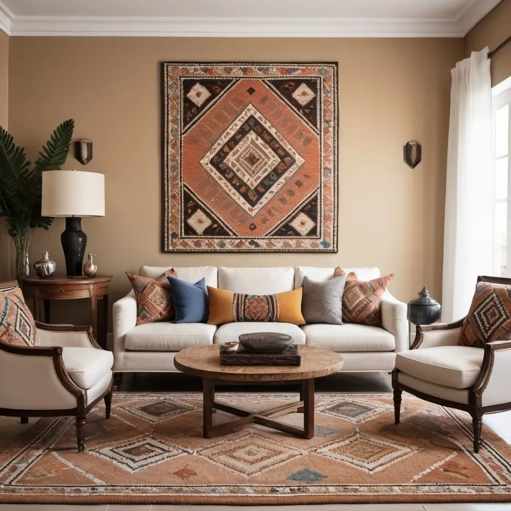 Prompt: a living room with a couch, chairs, and a coffee table in it with a painting on the wall, geometric berber, rug and pillow with traditional design, luxury color, a photorealistic painting, traditional style