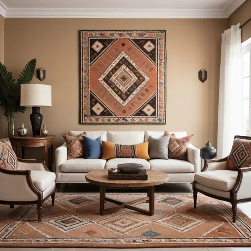 Prompt: a living room with a couch, chairs, and a coffee table in it with a painting on the wall, geometric berber, rug and pillow with traditional design, luxury color, a photorealistic painting, traditional style