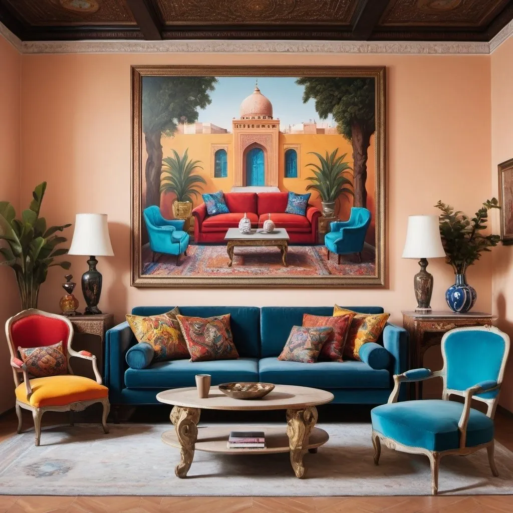 Prompt: a living room with a couch, chairs, and a coffee table in it with a painting on the wall, Chris LaBrooy, maximalism, colorful accents, a photorealistic painting, moroco style