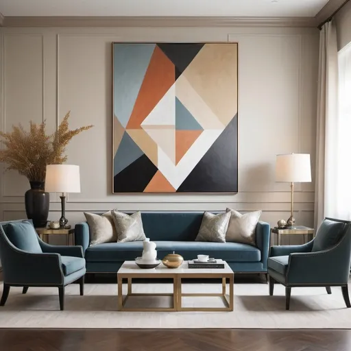 Prompt: a living room with a couch, chairs, and a coffee table in it with a painting on the wall, geometric design, luxury color, a photorealistic painting, traditional style