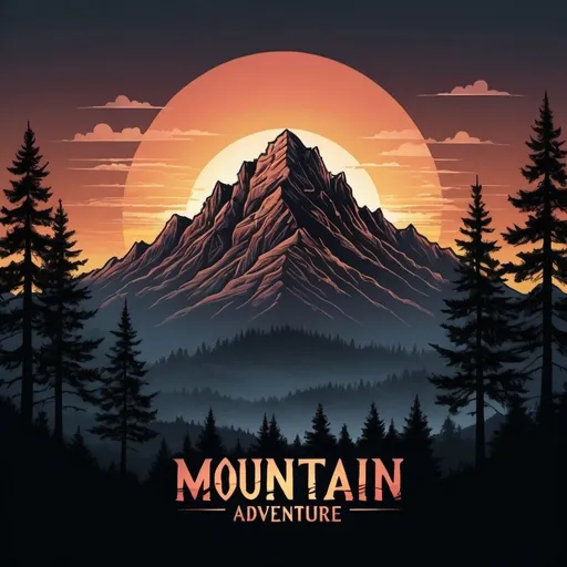 Prompt: a mountain with trees and the words mountain adventure on it, with a sunset in the background and a silhouette of a mountain, Dan Mumford, altermodern, mountains, computer graphics