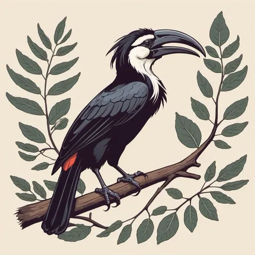 Prompt: a bird sitting on a branch with leaves and a branch with leaves around it, with the words hornbill, Corneille, art informel, logo, vector art