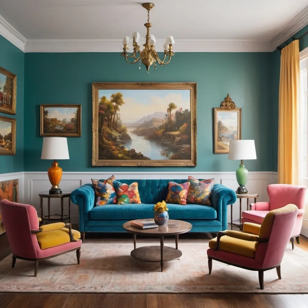 Prompt: a living room with a couch, chairs, and a coffee table in it with a painting on the wall, Chris LaBrooy, maximalism, colorful accents, a photorealistic painting, traditional style