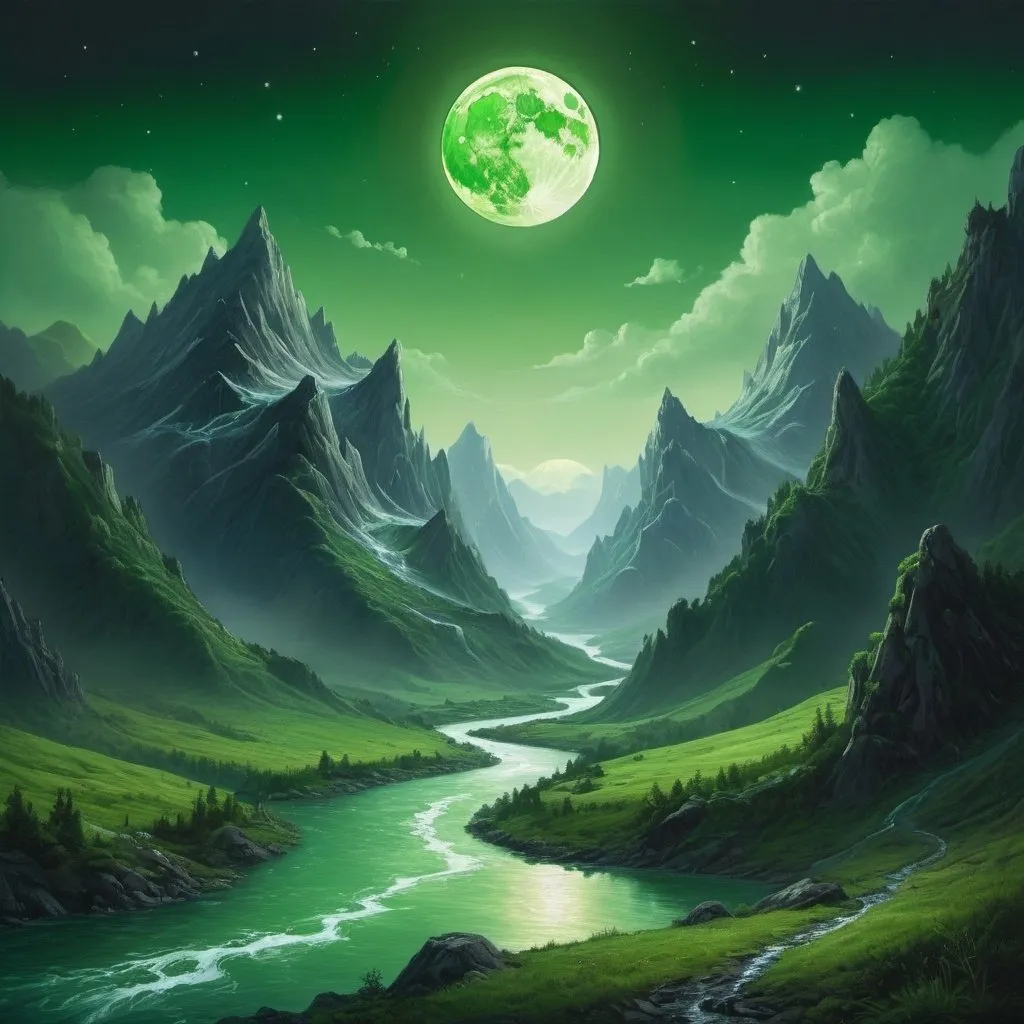 Prompt: a painting of a mountain range with a river running through it and a green moon in the sky above, Anato Finnstark, fantasy art, matte fantasy painting, a detailed matte painting