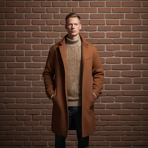Prompt: a man standing in front of a brick wall wearing a coat and sweater with a brown sweater on it, Christian Hilfgott Brand, dau-al-set, brown, a digital rendering