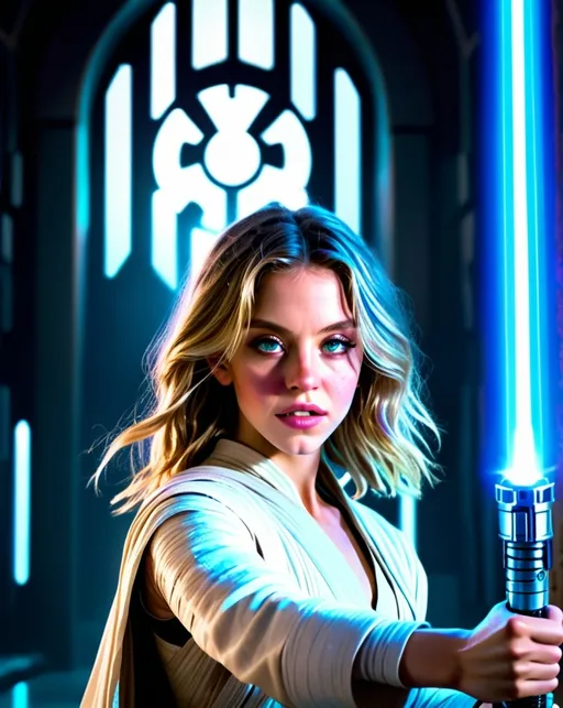 Prompt: (Sydney Sweeney as a Jedi), wielding a (vibrant blue lightsaber), in a (cinematic) setting, showcasing dramatic lighting and ethereal effects, set against a striking sci-fi background, (highly detailed), capturing an empowered stance, with intense expressions, emphasizing a sense of adventure and determination. The atmosphere evokes a thrilling battle moment, in (stunning 4K resolution).