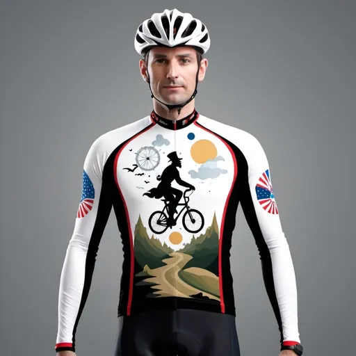 Prompt: Create a cycling jersey design themed after Baron Munchausen