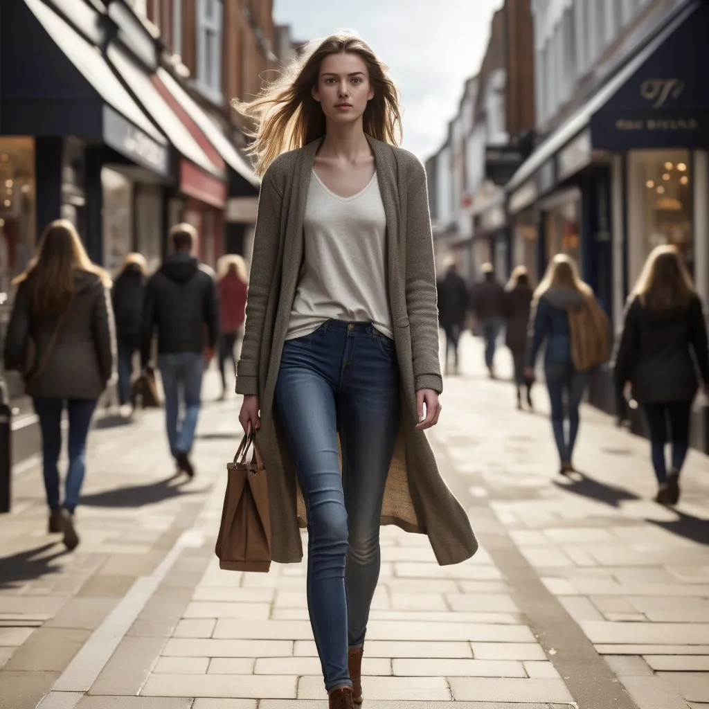 Prompt: Tall young woman walking down the high street, detailed clothing, realistic, natural lighting