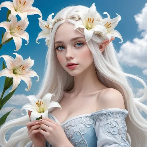 Prompt: An elegant beautiful girl, fair skin, elf ears, plump pinkish lips, snow-white long hair, pale blue large eyes, long white eyelashes, hair decorated with white lilies, holding a lily flower in her hands. The background is a blue sky with clouds. The girl is sitting in a snow-white dress decorated with a pattern of white lilies and silver patterns in clearwater. fantasy art