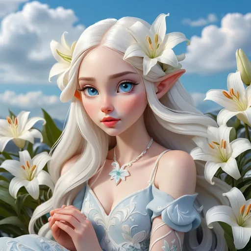 Prompt: An elegant beautiful girl, fair skin, elf ears, plump pinkish lips, snow-white long hair, pale blue large eyes, long white eyelashes, hair decorated with white lilies, holding a lily flower in her hands. The background is a blue sky with clouds. The girl is sitting in a snow-white dress decorated with a pattern of white lilies and silver patterns in clearwater. fantasy art That sounds like a stunning fantasy character! She seems to embody a serene beauty, almost ethereal with her elf-like features and delicate details. The combination of her snow-white hair, pale blue eyes, and the white lilies creates a lovely, harmonious palette. The clear water setting adds a magical touch, reflecting the sky and enhancing the overall tranquility of the scene. It would make for a captivating piece of art, evoking feelings of peace and enchantment. What inspired this vision