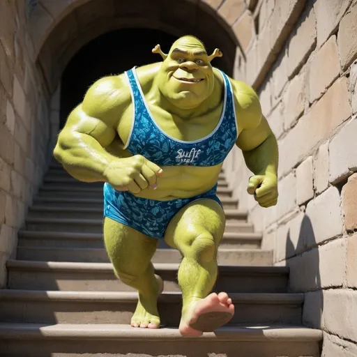 Prompt: buff shrek running up the stairs in a swimsuit