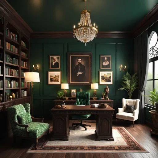 Prompt: (large rectangular home office), emerald green walls, (diffuse lighting), (simple elegant desk), (eclectic gothic mix of art on gallery wall), bookshelves line two walls, cozy atmosphere, high aesthetic detail, rich dark wood tones, dark oak bookshelves, lavishly adorned, subtle gold accents, professional ambiance, mysterious and sophisticated, 4K, ultra-detailed, dramatic shadows, high depth, cinematic masterpiece, richly furnished background, has more oriental/arab influence, darker and more gothic, minimalist furniture 