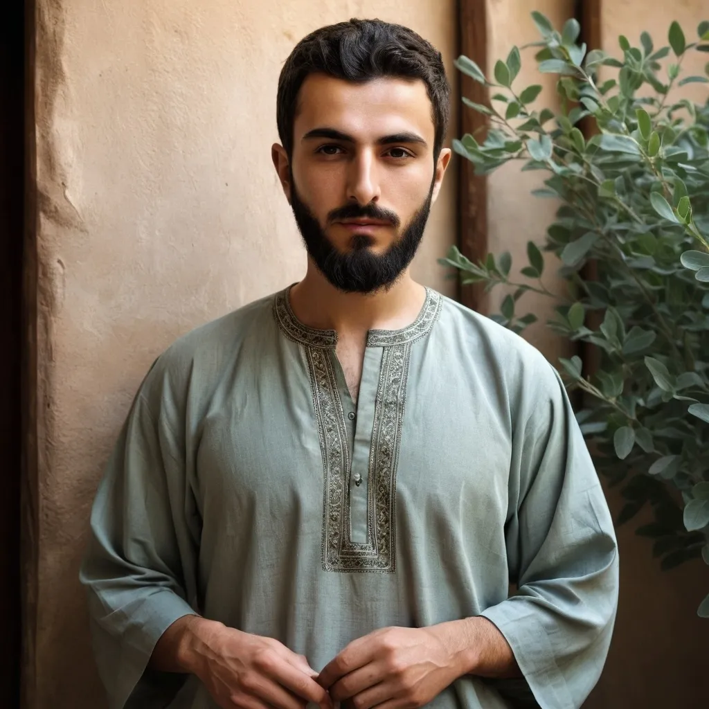 Prompt: hyper realistic , iranian tradional sage , young , beautiful , man , short beard , short hair , tradtional shirts 