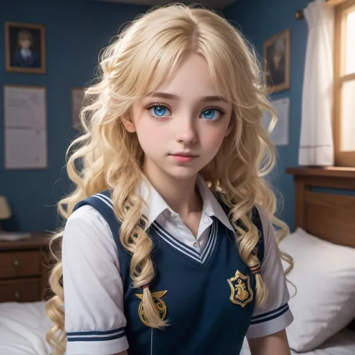 Prompt: A full-body Russian girl with glowing blue eyes, long glowing blonde curly hair, wearing a highly detailed school uniform, is in a bedroom setting. The school uniform has intricate details, anime style but realistic. Her eyes have detailed features with blue tones, blonde hair, and atmospheric lighting.