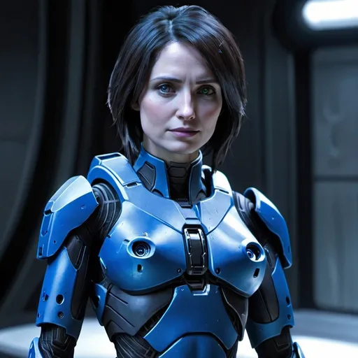 Prompt: Cortana from Halo in Spartan armor with no helmet on