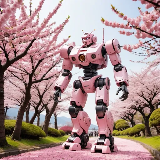 Prompt: Mech robot walking through cherry blossom trees in Japan on a spring day 