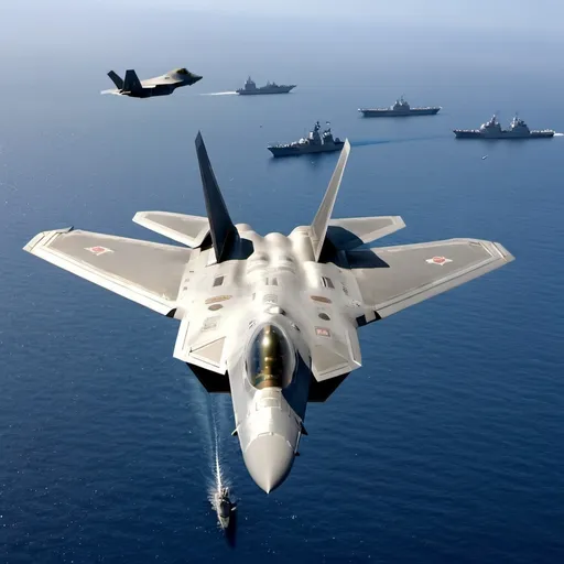 Prompt: F 22 Raptor fighter jet flying over Chinese navy ships 