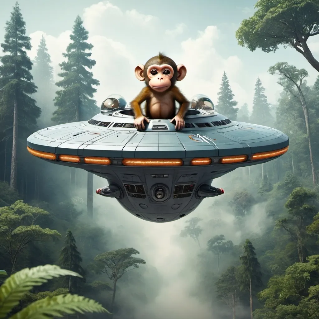 Prompt: Monkey flying a spaceship to a forest planet