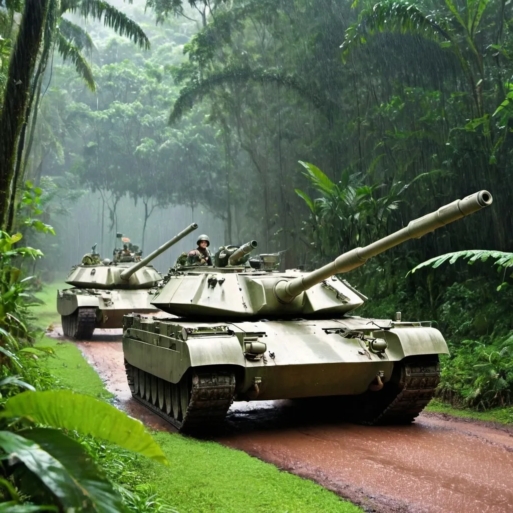 Prompt: military tanks moving through a rain forest 