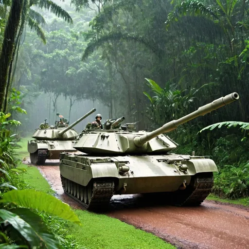 Prompt: military tanks moving through a rain forest 