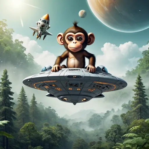 Prompt: Monkey flying a spaceship to a forest planet