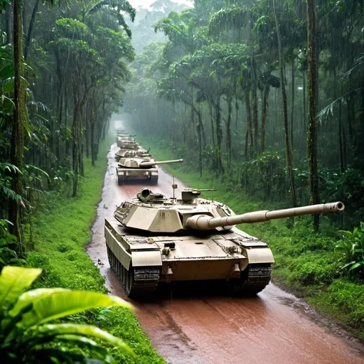 Prompt: military tanks moving through a rain forest 