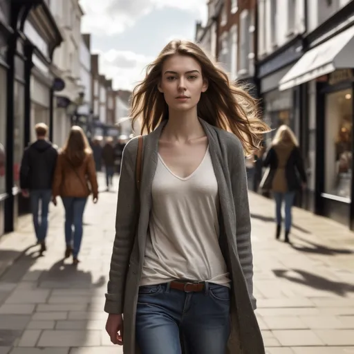 Prompt: Tall young woman walking down the high street, detailed clothing, realistic, natural lighting