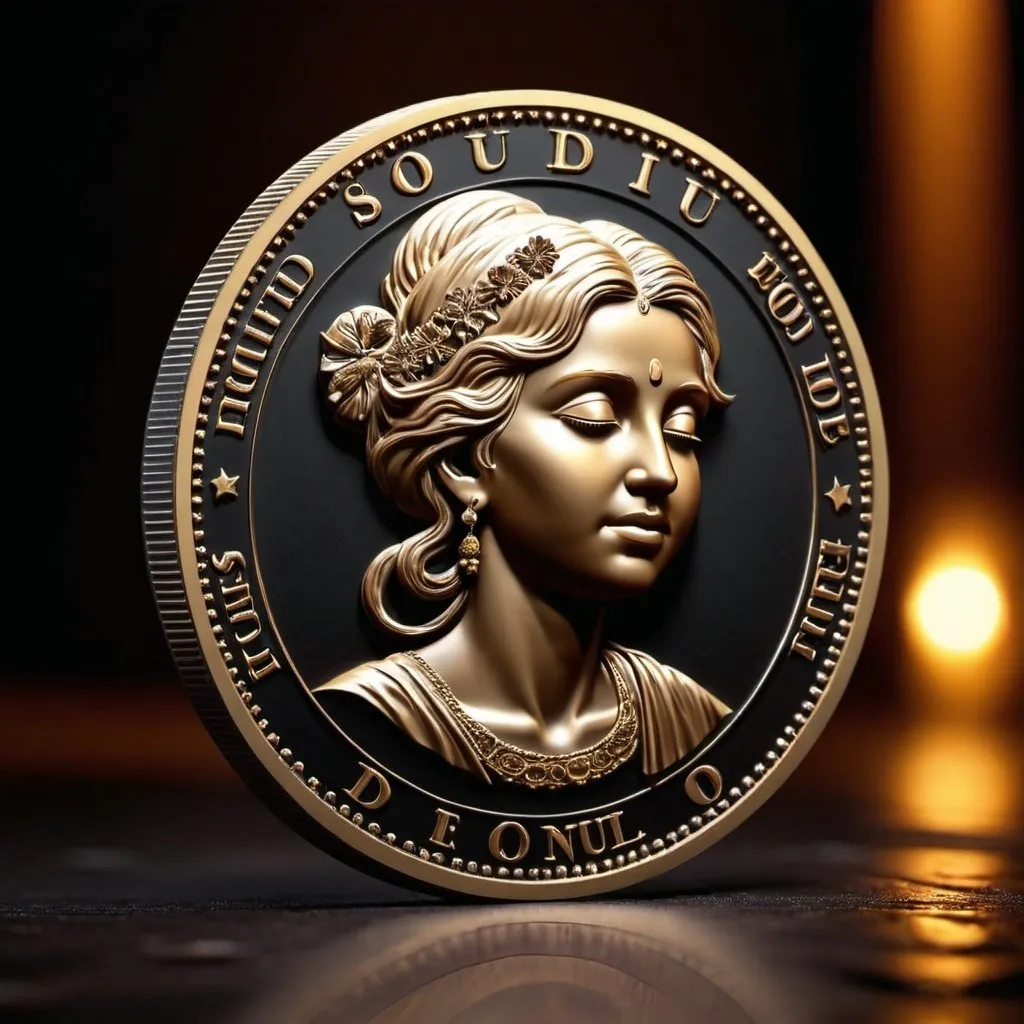 Prompt: A 3d coin standing in a dark having carving of beautiful soul on it