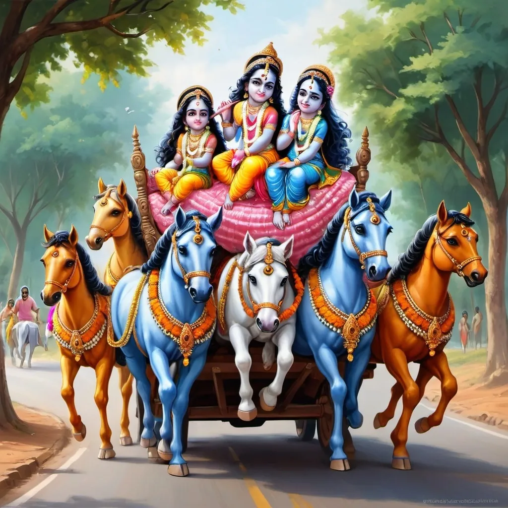 Prompt: cute Little Radha Krishna  riding a cradle with four horses on road