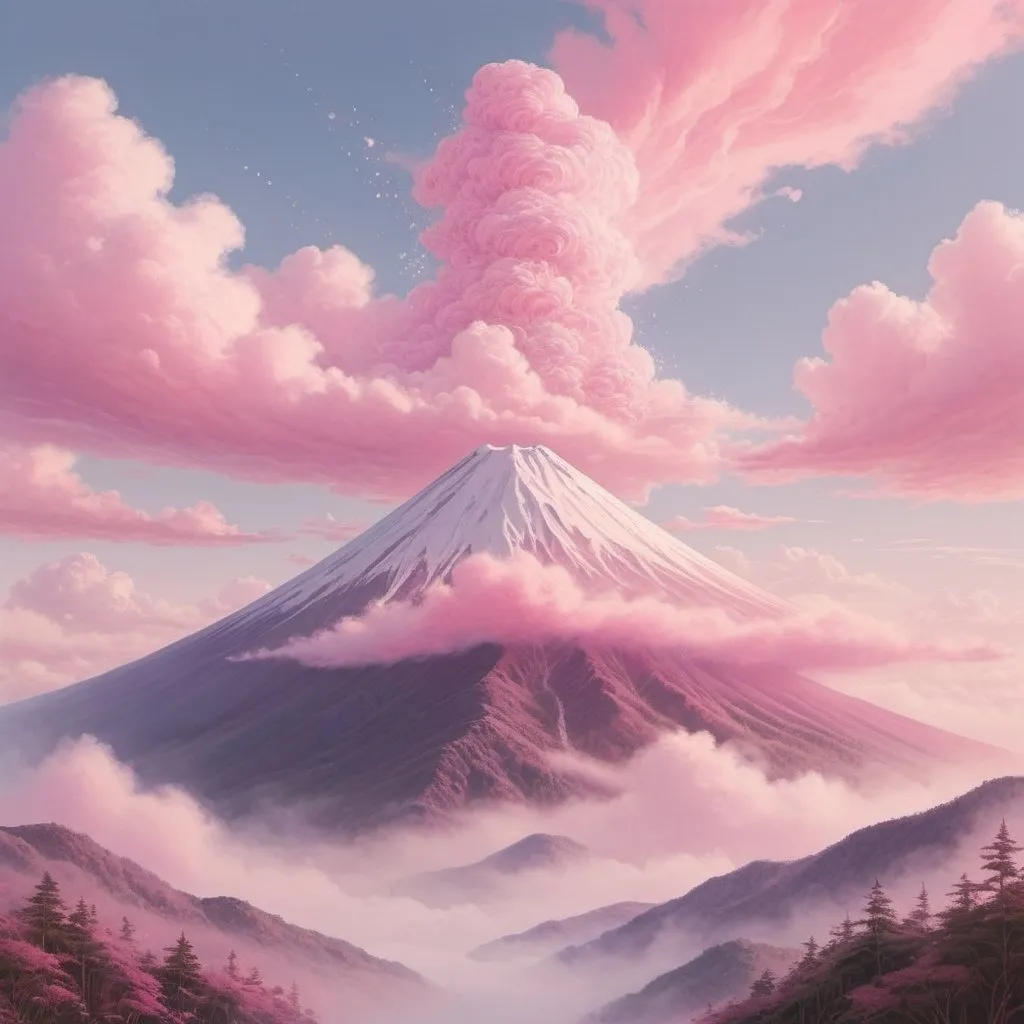 Prompt: Photo of pink mountain similar to Mount Fuji in the daytime, pink hues and tones, pink clouds, pastel colors, studio ghibli, detailed painting, soft pastel tones, artistic style, daytime, high quality, professional, detailed clouds, scenic beauty, calming atmosphere, serene landscape, artistic masterpiece, soft lighting, fine line, dreamy pastel overtones, slightly psychedelic, pink fog and sparkles, pink mountain top, dreamy, heavenly, otherworldly, soft