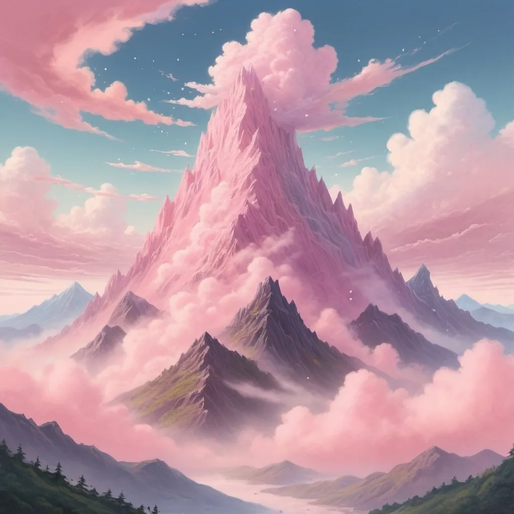 Prompt: A tall pink mountain in the daytime, pink hues and tones, pink clouds, pastel colors, studio ghibli, detailed painting, soft pastel tones, artistic style, daytime, high quality, professional, detailed clouds, scenic beauty, calming atmosphere, serene landscape, artistic masterpiece, soft lighting, fine line, dreamy pastel overtones, slightly psychedelic, pink fog and sparkles, pink mountain top, dreamy, heavenly, otherworldly, soft