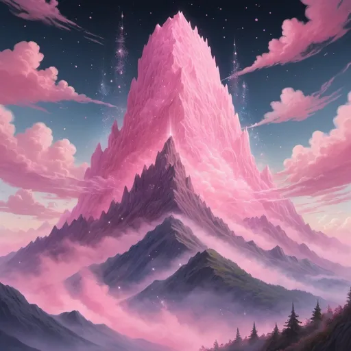 Prompt: A tall pink mountain emitting a bright pink aura at night, surrounded by stars, pink hues and tones, pink clouds, pastel colors, studio ghibli, detailed painting, soft pastel tones, artistic style, daytime, high quality, professional, detailed clouds, scenic beauty, calming atmosphere, serene landscape, artistic masterpiece, soft lighting, fine line, dreamy pastel overtones, slightly psychedelic, pink fog and sparkles, pink mountain top, dreamy, heavenly, otherworldly, soft, ancient and powerful