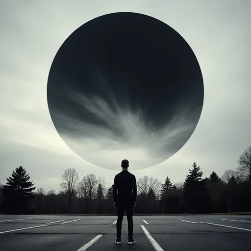 Prompt: Standing in a parking lot behind a 6 story corporate building, looking up at the sky with the horizon, trees behind the parking lot,  a large fully jet black circle takes up most of the sky, the sky looks grey and there are long whisps of clouds in front of the circle.