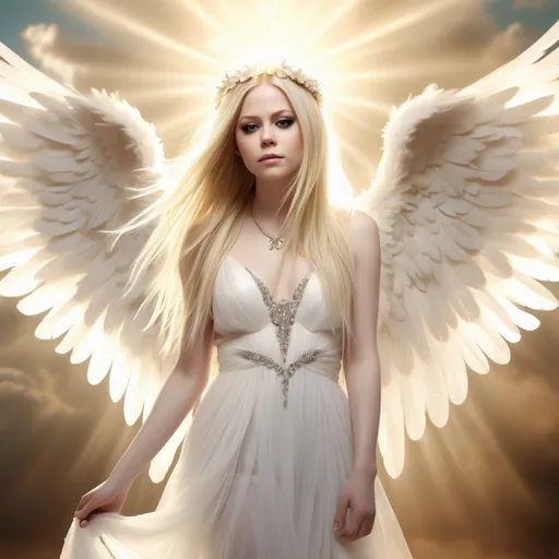 Prompt: (Avril Lavigne as an Angel), ethereal wings, soft white feathers, bright halo, sparkling aura, delicate features, flowing hair, serene expression, wearing a flowing, light gown, glowing in a heavenly backdrop, dreamy clouds, vibrant light rays, ethereal ambiance, tranquil atmosphere, ultra-detailed, cinematic quality, high-resolution.