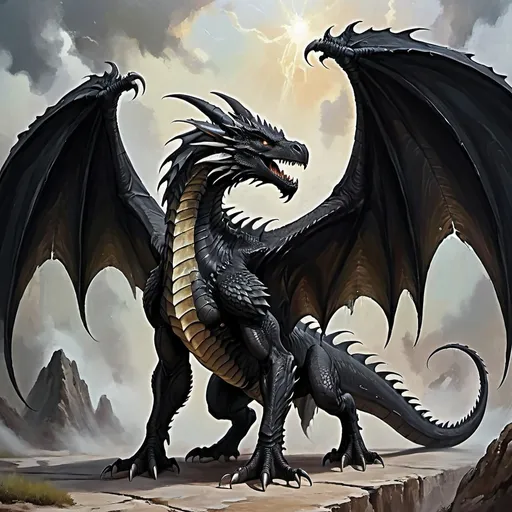 Prompt: A fantasy painting of a massive black dragon, with large wings, reared back, breathing acid