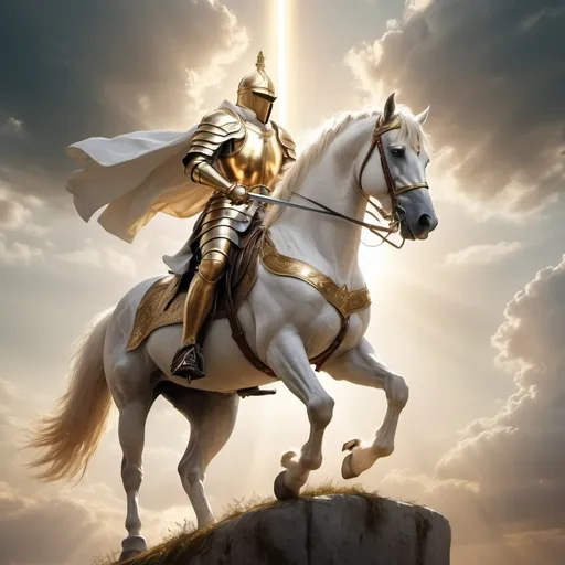 Prompt: A holy knight riding a white horse, raising his sword up to the sky