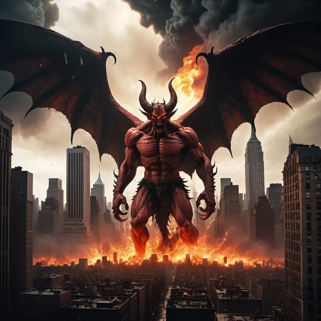 Prompt: (gigantic winged Satan, taller than buildings), standing over and towering over New York City, fire and brimstone raining down, chaotic atmosphere, people running awayand looking away from Satan in terror, other winged demons attacking peole, vivid destruction, dark and ominous clouds, bright flames contrasting against cool city silhouettes, intense shadows, (HD) ultra-detailed, nightmare-inducing, apocalyptic scene, cinematic mood with a sense of urgency and fear.