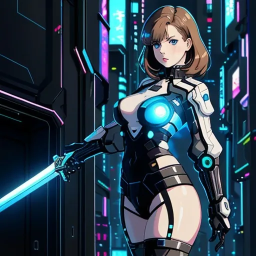 Prompt: Short, pale woman with light brown hair, medium length, blue eyes, chubby, in cyber punk clothing, with a sword. The background should be a futuristic background in Tokyo, Japan.