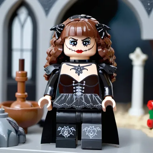 Prompt: Brown haired lego woman with blue eyes with gothic makeup and a gothic outfit