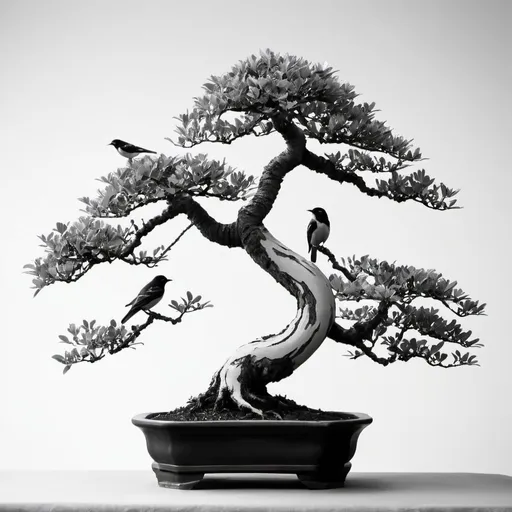 Prompt: 
a bonsai in black and white and there are birds on its branches