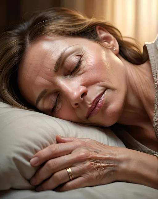 Prompt: 45 year old woman sleeping with a smart ring on her finger, extemely photo realistic