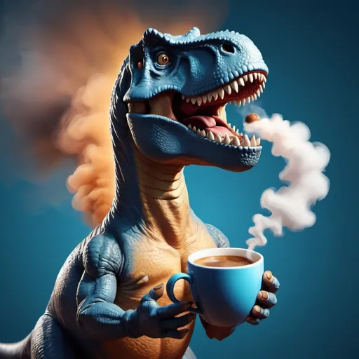 Prompt: A cartoon Tyrannosaurus rex holding a small coffee cup with steam coming out of it, warm lighting, blue backgorund