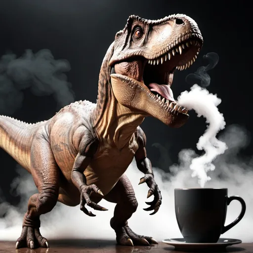 Prompt: A tyrannosaurus rex is holding a coffee cup with steam coming out.