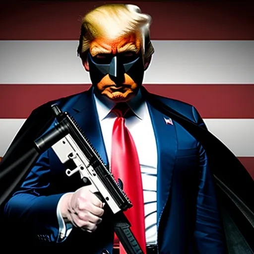 Prompt: Trump, 2025, U.S.A. flag background, wearing Batman cape, holding gun