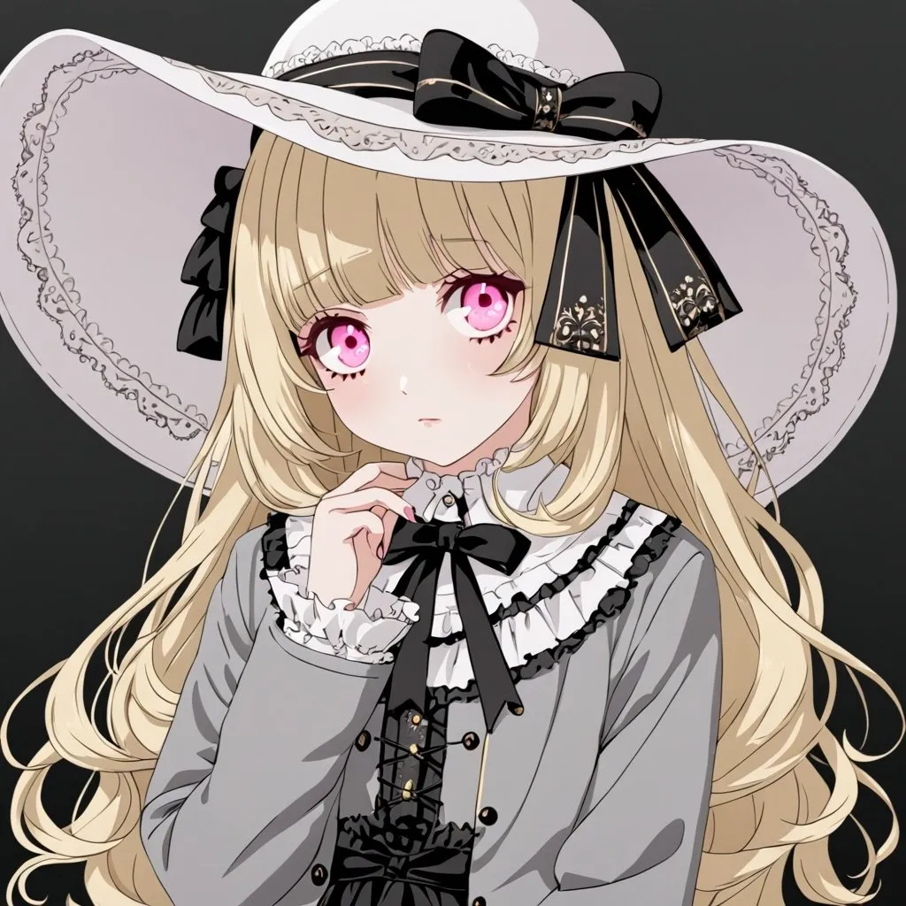 Prompt: girl, lolita fashion, gold hair, pink eyes, white wide-brim hat, long sleeves, gray jacket